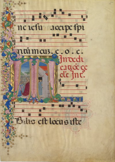 Manuskriptblad med invigning av en kyrka i ett initialt T, från en Gradual, 2:a hälften av 1400-talet. av Mariano del Buono