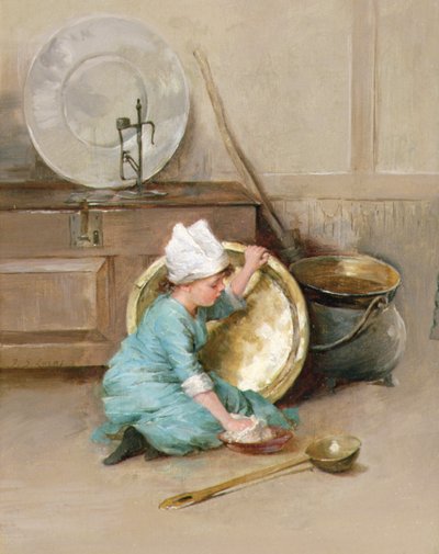 Polering av mässing, ca 1900 (olja på panel) av Marie Elizabeth Seymour Lucas