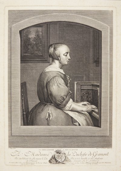 En holländsk kvinna spelar cembalo, sett genom ett fönster av Marie Louise Adélaïde Boizot