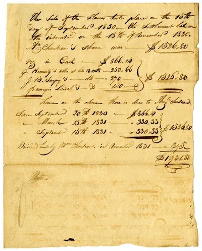 Document regarding sale of slaves and share coming to various individuals, November 1831 av Marie Therese Cerre Chouteau
