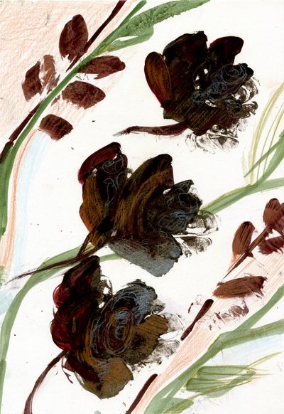Torra blommor, 2020 (olja och blandteknik på A4-papper) av Marina Falco