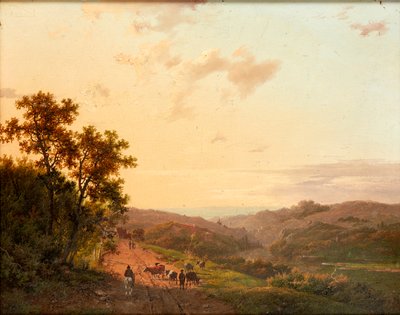 Herdar och deras boskap på en landsväg, med avlägset landskap (olja på panel) av Marinus Adrianus Koekkoek
