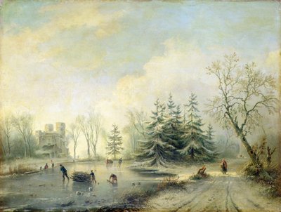 Träd, slott och skridskofigurer (olja på panel) av Marinus Adrianus Koekkoek