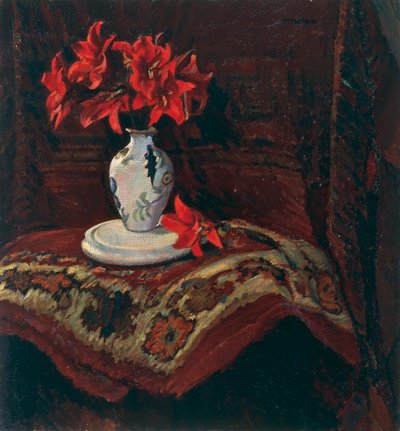 Matta och vas med röda liljor, av Mario Puccini (1869-1920), olja på duk, 64x59 cm. av Mario Puccini
