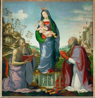 Sankt Jerome och Sankt Zenobe tillber Jesusbarnet ... av Mariotto Albertinelli