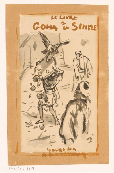 Man med bricka attackerad av en rovfågel Le livre Goha le Simple (titel på objekt) av Marius Bauer (signed by artist)