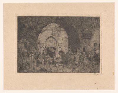 Östra ryttare och folk vid en grind av Marius Bauer (signed by artist)