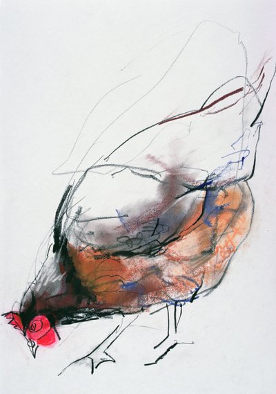 Feeding Hen, Trasierra, 1998 (grafit, conte och kol på papper) av Mark Adlington