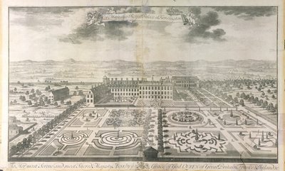 Vaaiga Mata a Manu o Faatoaga o le Kensington Palace, na vaneina e Johannes Kip (c.1652-1722) pub. saunia e J. Smith, 1724 swed av Mark Anthony Hauduroy