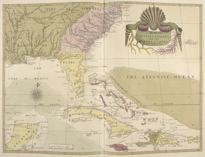 En karta över Carolina, Florida och Bahamaöarna av Mark Catesby