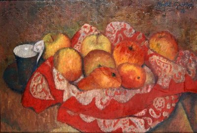 Äpplen och päron på en röd duk av Mark Gertler