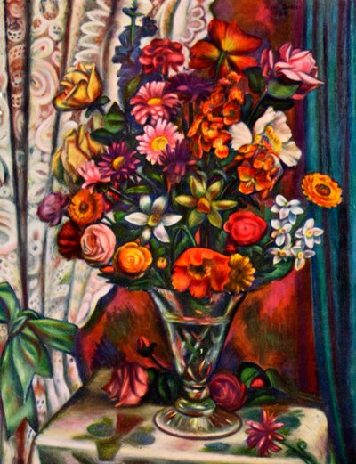 Stilleben av blommor i en silvervas, 1930. av Mark Gertler