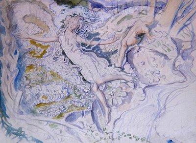 Fe som flyter med naken ungdom i bakgrunden (akvarell på papper) av Mark Lancelot Symons