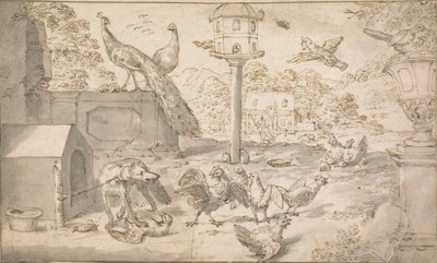 Landskap med fåglar och hund av Marmaduke Cradock