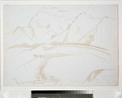 Berglandskap med kyrktorn i förgrunden av Marsden Hartley
