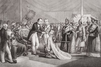 Grand Durbar i Cawnpore efter att Sepoy-revolten slagits ner, 1858, från "Illustrations of English and Scottish History", volym II. av Marshall Claxton