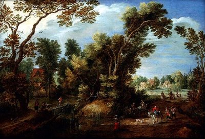 Skogbevuxen flodlandskap med figurer av Marten Ryckaert