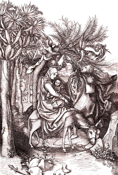 Flyget till Egypten, den heliga familjen av Martin (after) Schongauer