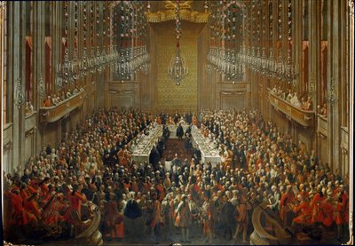 Bankett i samband med bröllopet av kejsar Josef II och Isabella av Parma den 10/06/1760. Med Mozart stående i orkestern av Martin (and studio) Mytens or Meytens