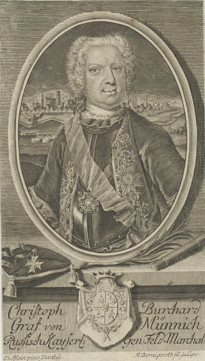 Porträtt av greve Burkhard Christoph von Munnich 1683-1767, ca 1730. av Martin Bernigeroth