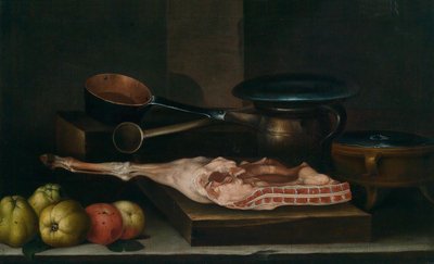 Ett köksstilleben med kastruller, stekpannor, äpplen och en fläsklägg av Martin Dichtl