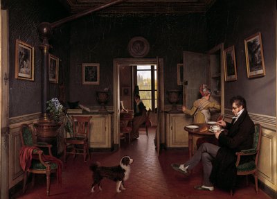 En interiörvy av en matsal 1815 En man i en toffel tar sin frukost framför hundens ögon. Målning av Martin Drolling (1752-1817) av Martin Drölling