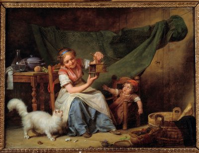 Kvinnan och musen En flicka håller en musfångare framför katten och en bebis. Målning av Martin Drolling (1752-1817) 1798 sön. 0,25x0,35 m Orleans. Museum of Fine Arts av Martin Drölling