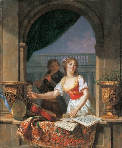 En ung dam som sträcker sig efter en gitarr vid en stenbåge och en pojke som spelar flöjt bortom, 1796-97 av Martin Drölling