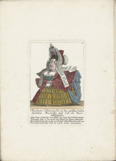 De Franse dwerg Madame Palatinelle, ca 1710 Madame Palatinelle, motorhuvar, mantilla och cul de Paris utklädda i den stora Gallan (titel på objektet) Il Callotto resurcitato eller nyinrett litet skåp (serietitel) av Martin Engelbrecht (attributed to)