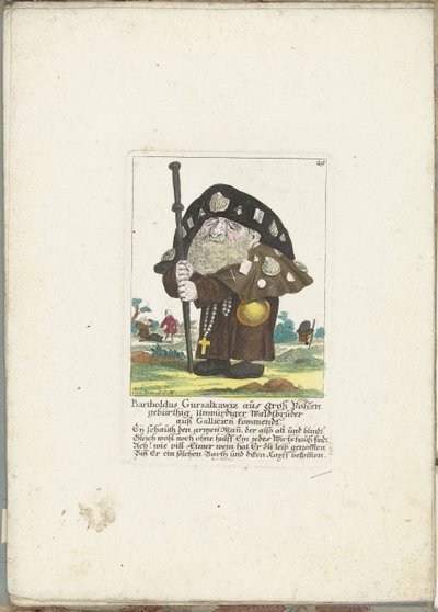 De dwerg Bartholdus Gursalkawiz som pelgrim uit Compostella, ca 1710 Bartholdus Gursalkawiz, född i Groß Pohlen, ovärdig skogsbror från Gallicien (titel på objekt) Il Callotto resurcitato eller nyinrett litet skåp (serie av Martin Engelbrecht (attributed to)