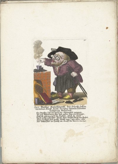 De werg Blasius Rauchmantl som alkemist, ca. 1710 Herr Blasius Rauchmantl, der frucht-loßen Alchimie kunst Ärkesekterisk, innehavare av dårarnas femte väsen (titel på objektet) Il Callotto resurcitato oder Neu eingrichtes Zwerchen Cabinet (serie ti av Martin Engelbrecht (attributed to)