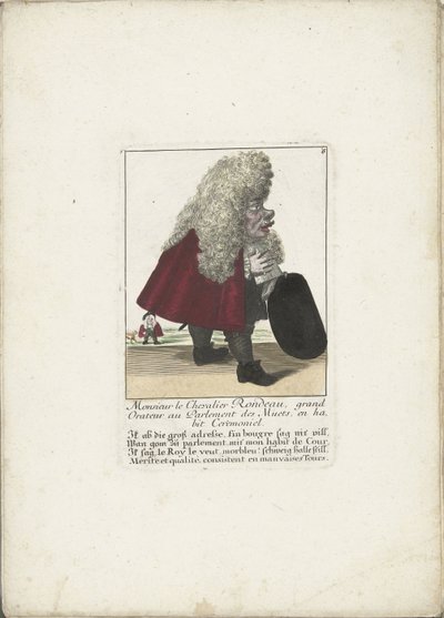 Från dwerg Chevalier Rondeau als een parlamentslid, ca. 1710 Monsieur le Chevalier Rondeau, stortalare i de stummas parlament, i ceremoniell klädsel (titel på objektet) Il Callotto resurcitato oder Neu eingerichtes Zwerchen Cabinet (serietitel) av Martin Engelbrecht (attributed to)