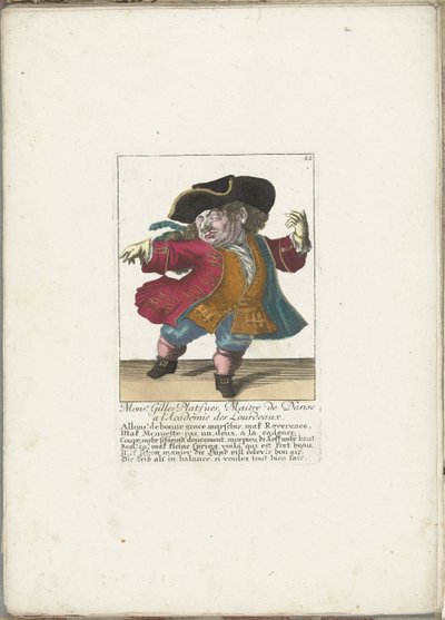 Dvärgen Gilles Platfues som fransk dansmästare, ca. 1710 Mgr. Gilles Platfues, dansmästare vid Academie des Lourdeaux (titel på objekt) Il Callotto resurcitato eller nyutnämnd Zwerchen-kabinett (serietitel) av Martin Engelbrecht (attributed to)