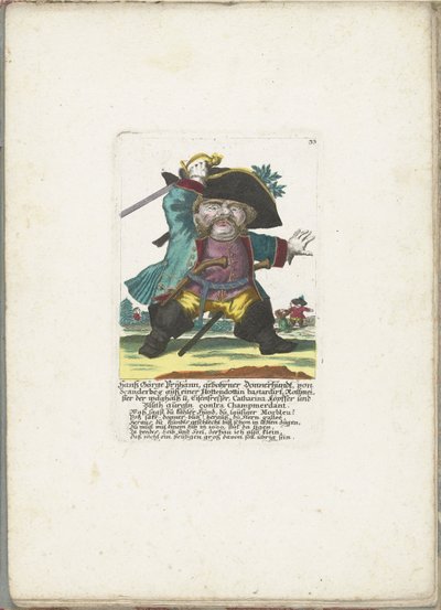 De dwerg Hanss Görge Prijhann som woeste officer, ca 1710 Hanß Görge Prijhann, född Donnerhundt, från Scanderbeg från en Hottendottin-jävel Rottmeister den vågade och järnätaren, Catharina, köpffer och Bluth gurgln contra Champmerdant (titl. av Martin Engelbrecht (attributed to)