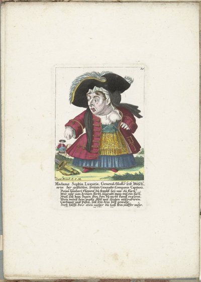 De dwerg Madame Sophia Luxuria, ca 1710 Madame Sophia Luxuria, general Staabs kroppstvättare av det trimmade, fria Granatir-Companie Capitana (titel på objektet) Il Callotto resurcitato eller nyinrett litet skåp (serietitel) av Martin Engelbrecht (attributed to)