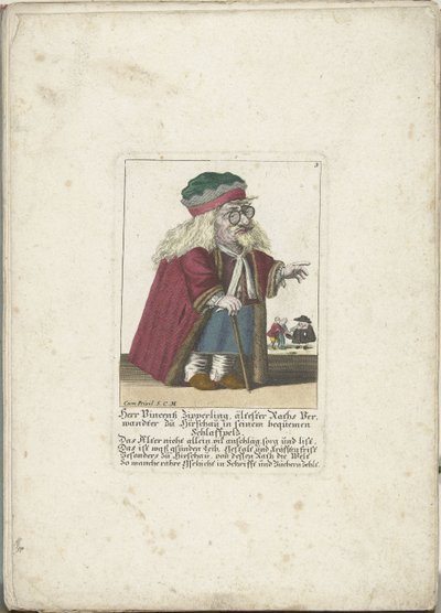 Dwergen Vincentz Zipperling i een bontjas, ca 1710 Herr Vincentz Zipperling, Raths äldsta släkting i Hirschau, i sin bekväma slappa rock (titel på objektet) Il Callotto resurcitato eller nyinrett litet skåp (serietitel) av Martin Engelbrecht (attributed to)