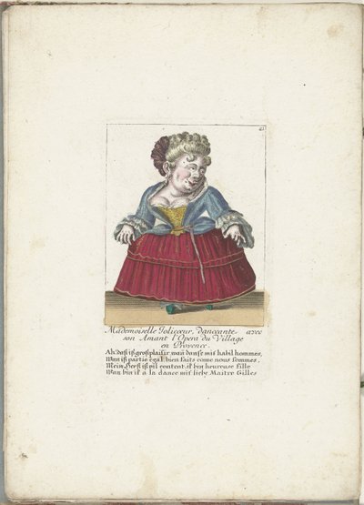 Dwerg als de Franse Mademoiselle Jolicoeur, ca. 1710 Mademoiselle Jolicoeur, dansare med sin älskare på Opera du Village i Provence (titel på objektet) Il Callotto resurcitato oder Neu eingerichtes Zwerchen Cabinet (serietitel) av Martin Engelbrecht (attributed to)