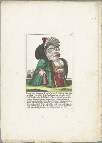 Karikatyr av Porzellana Kinkank Porzellana Kinkank, Kuey Chinkim Choâm En mogolisk prinsessa, det lappländska landet ägde Kuchlmeister på ön Deserta Nutsch Moloff, hustru (titel på objektet) Il Callotto resurcitato eller ommöblerad av Martin Engelbrecht (attributed to)