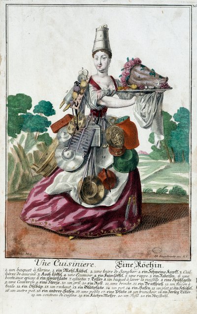 En kock. Gravyr av Martin Engelbrecht (1684-1756), i "" Ny sammansättning av manouvries habilles"" 1700-tal, Tyskland. Paris, Dekorativ konst av Martin Engelbrecht