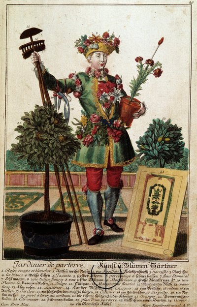 En trädgårdsmästare. Gravyr av Martin Engelbrecht (1684-1756), i "" Ny sammansättning av manouvries habilles"" 1700-tal, Tyskland. Paris, Dekorativ konst av Martin Engelbrecht