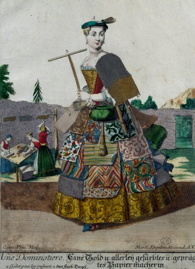Tillverkare av färgat papper, gravyr från Assemblage des nouveau manouvries habilles Martin Engelbrecht (1684-1756), Tyskland av Martin Engelbrecht