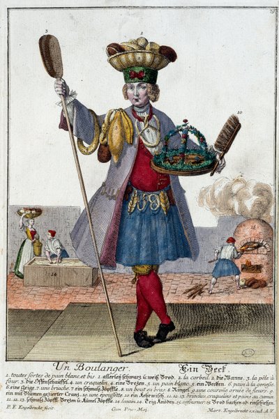 Metier: En bagare. Gravyr av Martin Engelbrecht (1684-1756), i "" Ny sammansättning av manouvries habilles"" 1700-tal, Tyskland. Paris, Dekorativ konst av Martin Engelbrecht