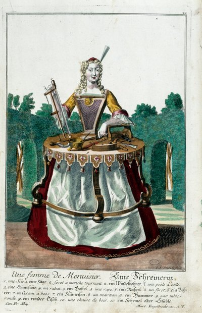 Metier: En snickarfru. Gravyr av Martin Engelbrecht (1684-1756), i "" Ny sammansättning av manouvries habilles"" 1700-tal, Tyskland. Paris, Dekorativ konst av Martin Engelbrecht