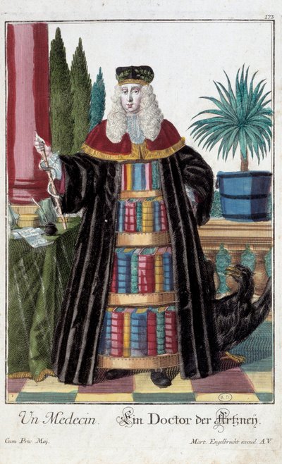 Metier: En läkare. Gravyr av Martin Engelbrecht (1684-1756), i "" Ny sammansättning av manouvries habilles"" 1700-tal, Tyskland. Paris, Dekorativ konst av Martin Engelbrecht