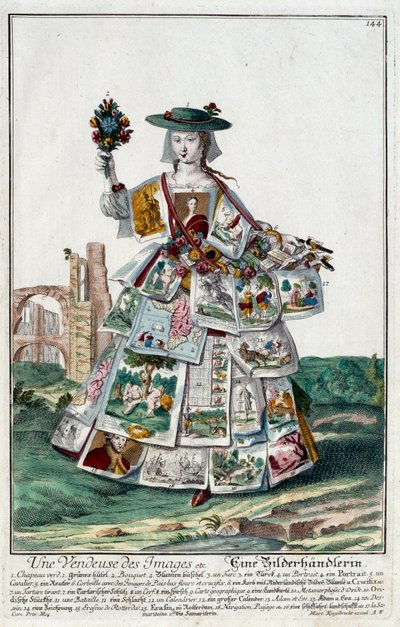 Metier: En bildförsäljare. Gravyr av Martin Engelbrecht (1684-1756), i "" Ny sammansättning av manouvries habilles"" 1700-tal, Tyskland. Paris, Dekorativ konst av Martin Engelbrecht
