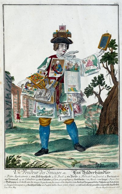 Metier: En bildsäljare. Gravyr av Martin Engelbrecht (1684-1756), i "" Ny sammansättning av manouvries habilles"" 1700-tal, Tyskland. Paris, Dekorativ konst av Martin Engelbrecht