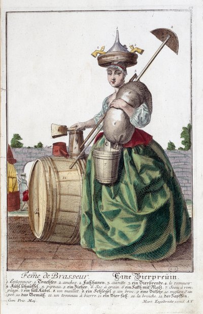 Föreställning av en bryggares hustru med en tratt på huvudet, en sädespåse, en skål, en hink och ett ölfat. Gravyr av Martin Engelbrecht (1684-1756) av Martin Engelbrecht