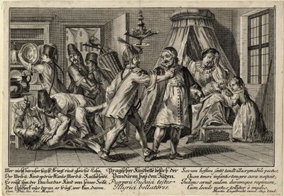 Pandurerna på besök hos judarna - Englebrecht, Martin (1684-1756) - ca 1756 - Kopparstick - 21,3x30,9 - Privat samling av Martin Engelbrecht