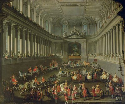 En kavalkad i vinterridskolan i Wien Hof för att fira den franska arméns nederlag i Prag 1743 (för detaljer se 66596 och 66708) av Martin II Mytens or Meytens