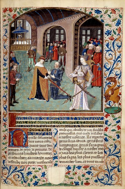 Allegory of Virtue: vasall som hyllar sin herre i närvaro av dygden. Miniatyr från "The Spirit of Fortune and Virtue" av Martin Le Franc (1410-1461) 1447-1448, Paris B.N. av Martin Le Franc